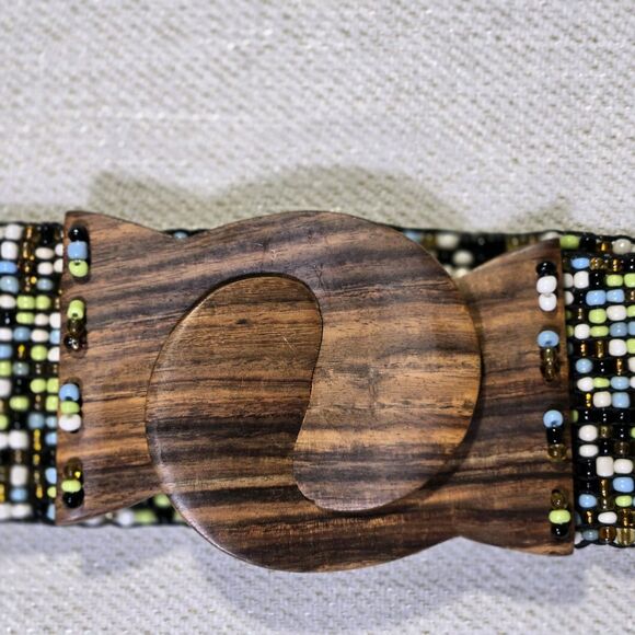 Belt Beaded Boho Locking Wood Clasp  Y2K 32 Inch Brown Blue - Picture 2 of 11